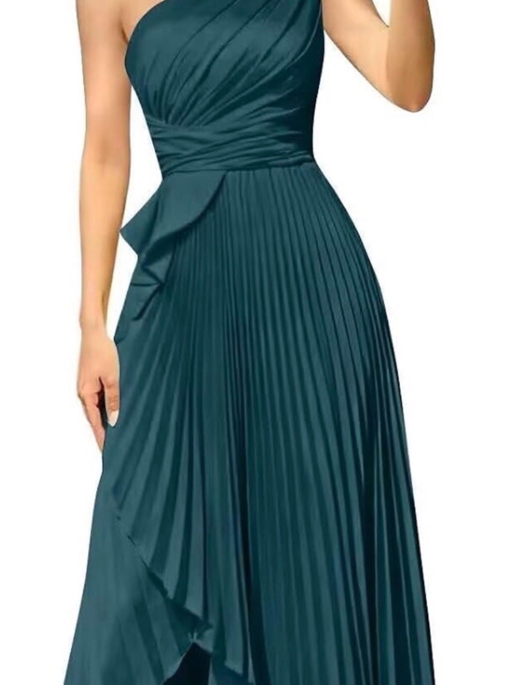 One-Shoulder Teal Pleated Maxi Dress